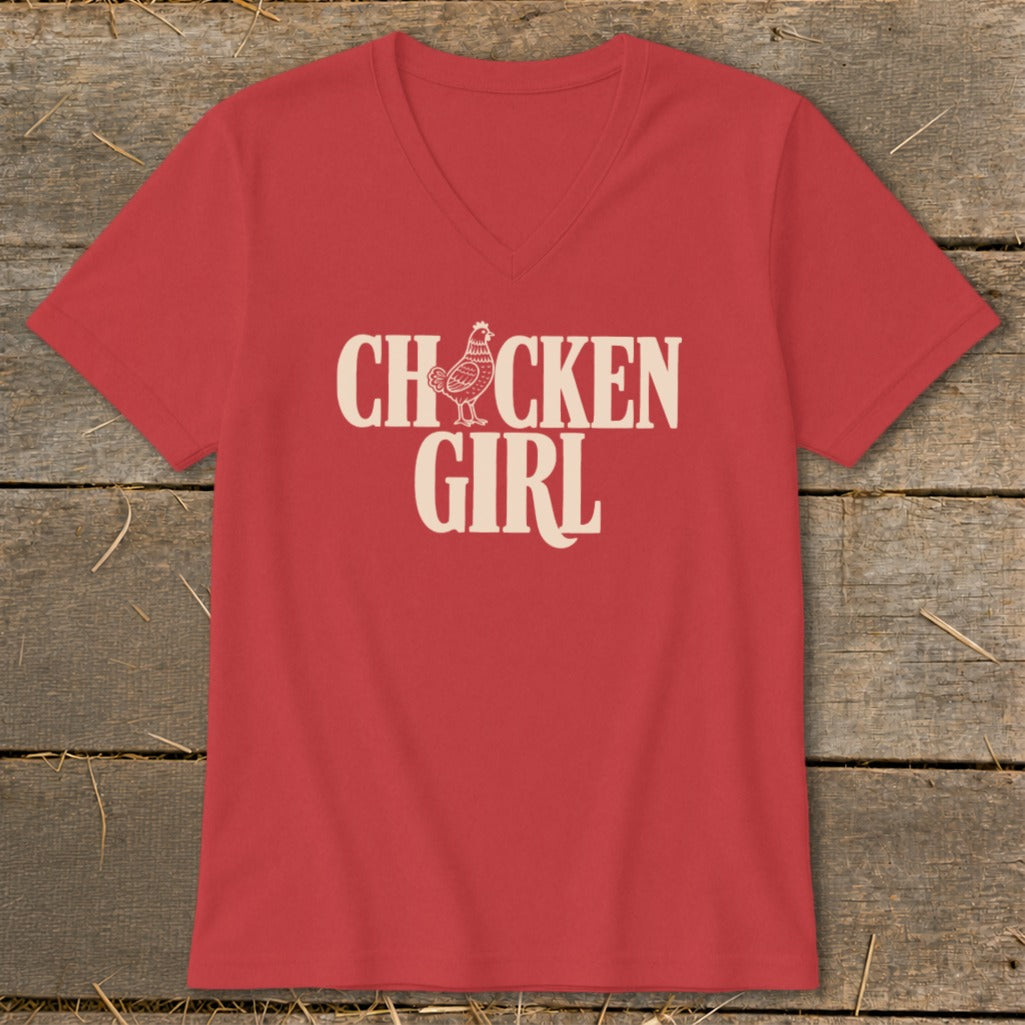 Red v-neck t-shirt with "CHICKEN GIRL" text and chicken graphic.