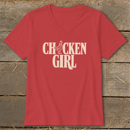 Red v-neck t-shirt with "CHICKEN GIRL" text and chicken graphic.