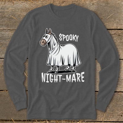Horse wearing a ghost costume with text "SPOOKY NIGHT-MARE".