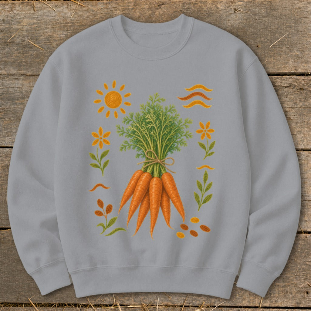 Gray sweatshirt with a graphic of a bunch of carrots surrounded by decorative flowers and sun elements.