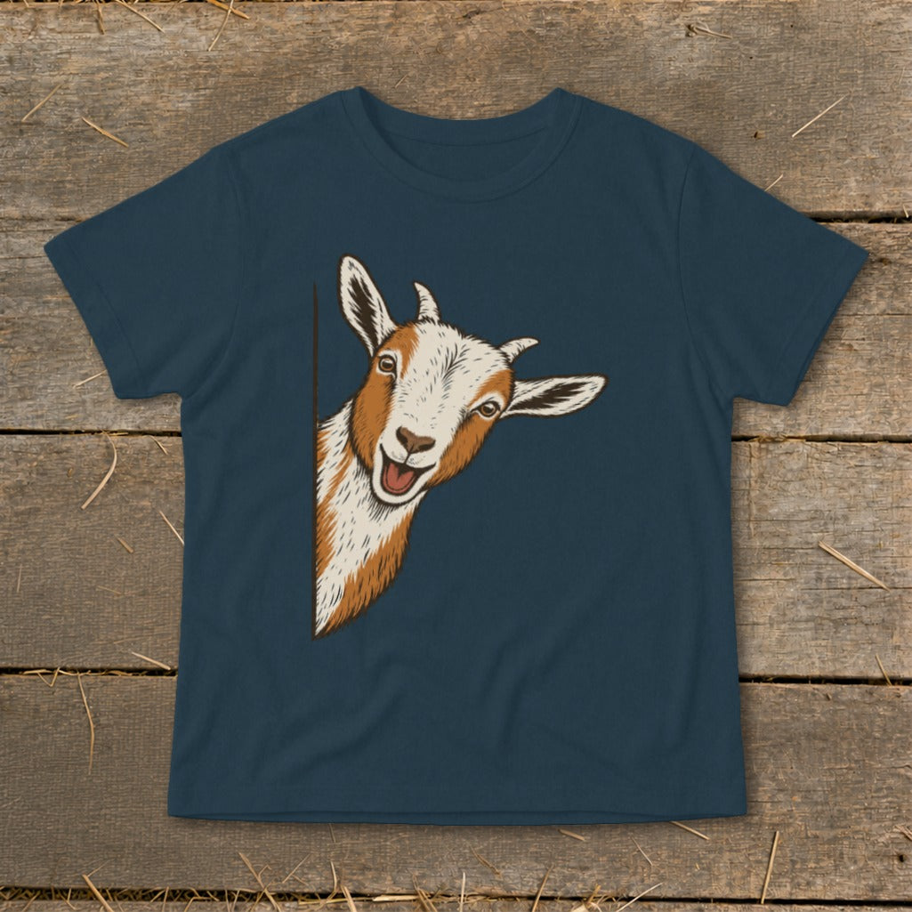 Dark blue t-shirt with a peeking goat illustration with brown and white markings.