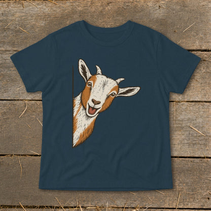 Dark blue t-shirt with a peeking goat illustration with brown and white markings.