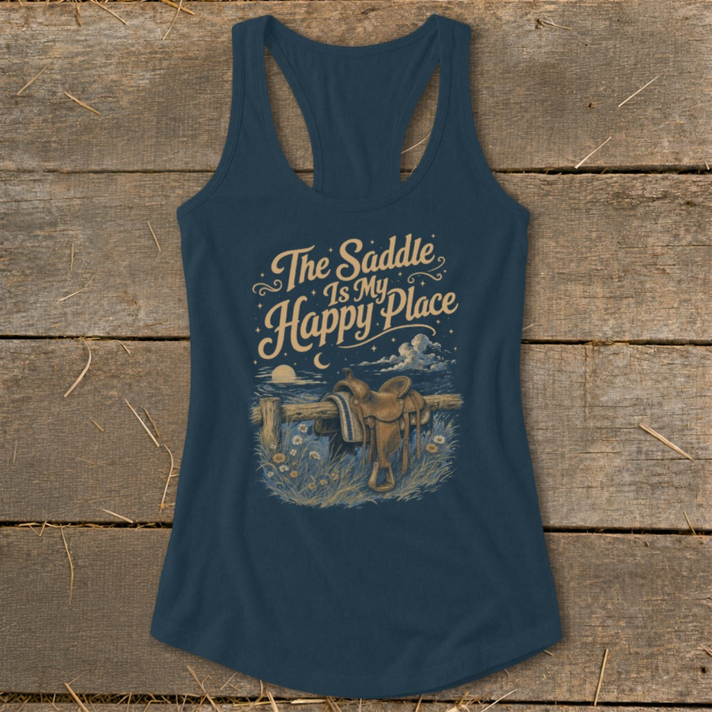 Navy tank top with "The Saddle Is My Happy Place" graphic and horse saddle.
