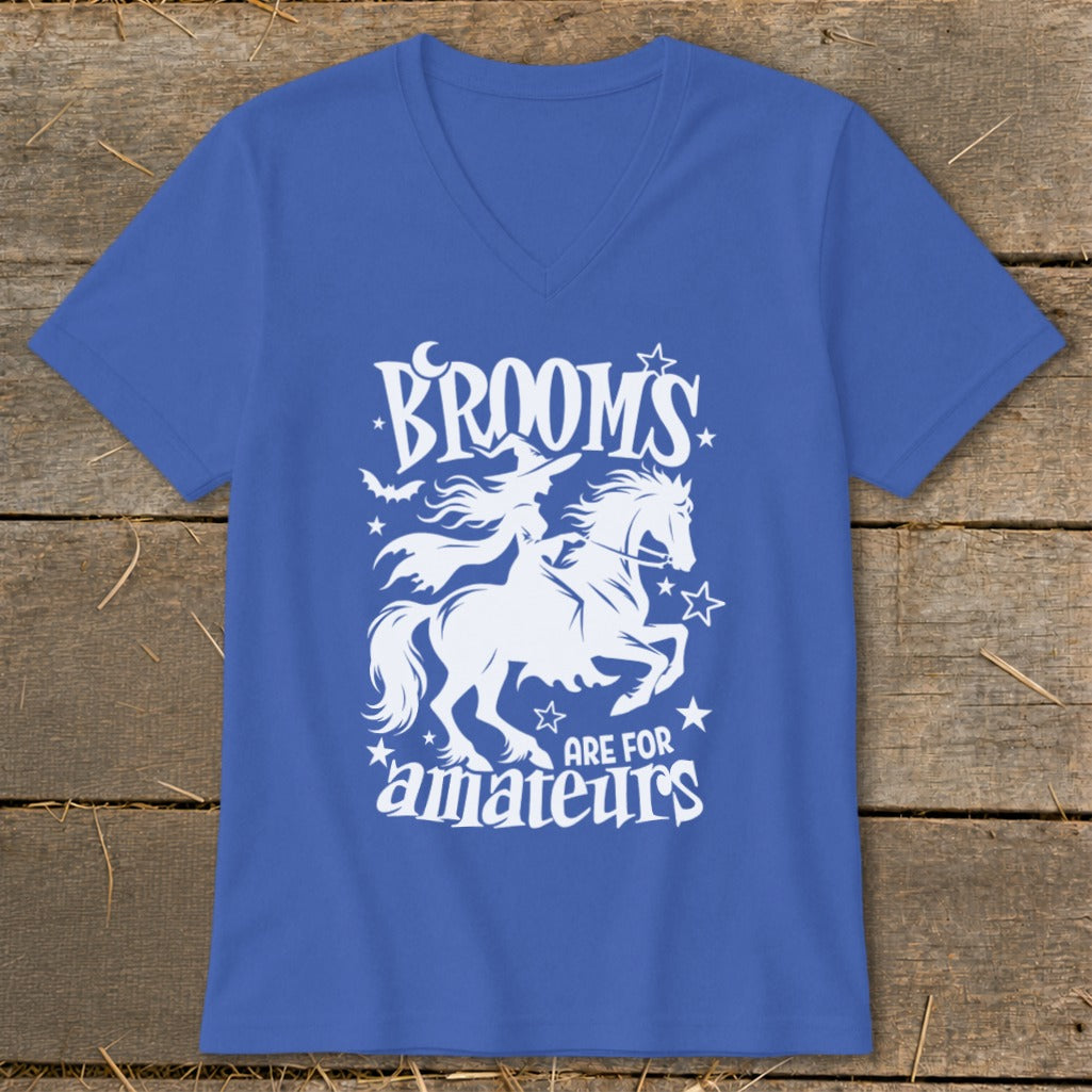 Blue v-neck t-shirt with white graphic of a witch on a horse and text "BROOM'S ARE FOR amateurs".
