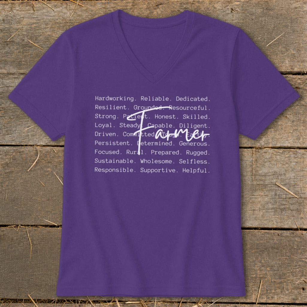 Purple v-neck t-shirt with "Farmer" and descriptive words printed in white.
