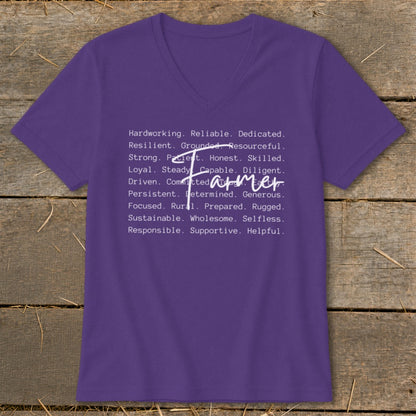 Purple v-neck t-shirt with "Farmer" and descriptive words printed in white.
