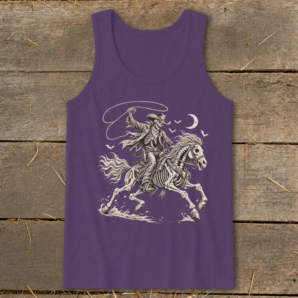 Skeleton cowboy riding a horse with a lasso under a crescent moon.