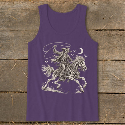 Skeleton cowboy riding a horse with a lasso under a crescent moon.