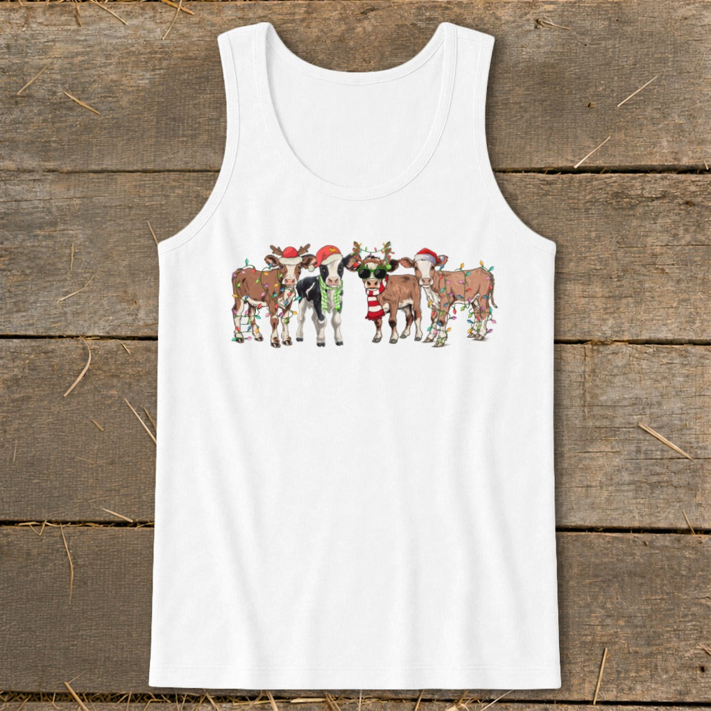Five cartoon cows wearing Santa hats and wrapped in Christmas lights.