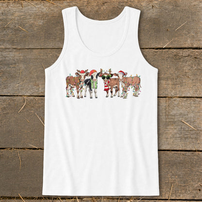 Five cartoon cows wearing Santa hats and wrapped in Christmas lights.
