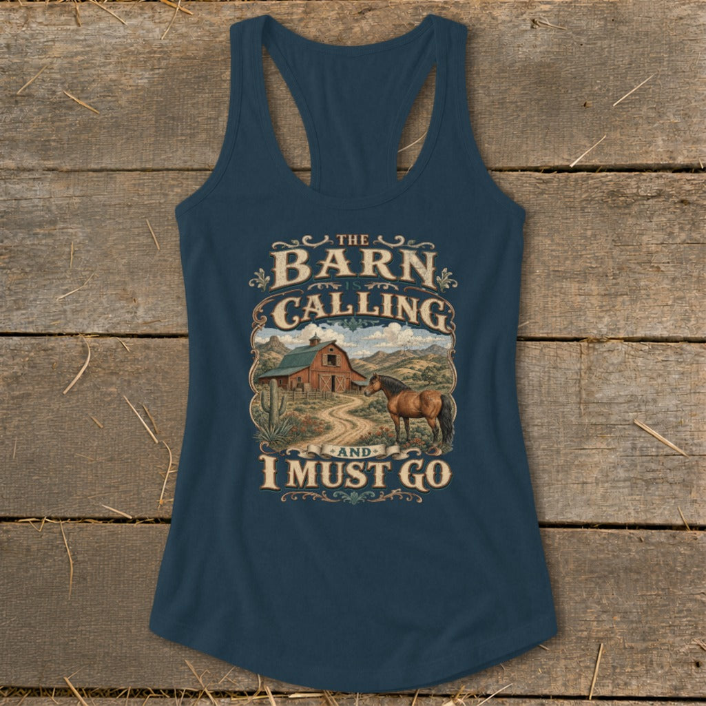 Navy tank top with rustic barn, horse, and desert landscape graphic and text.