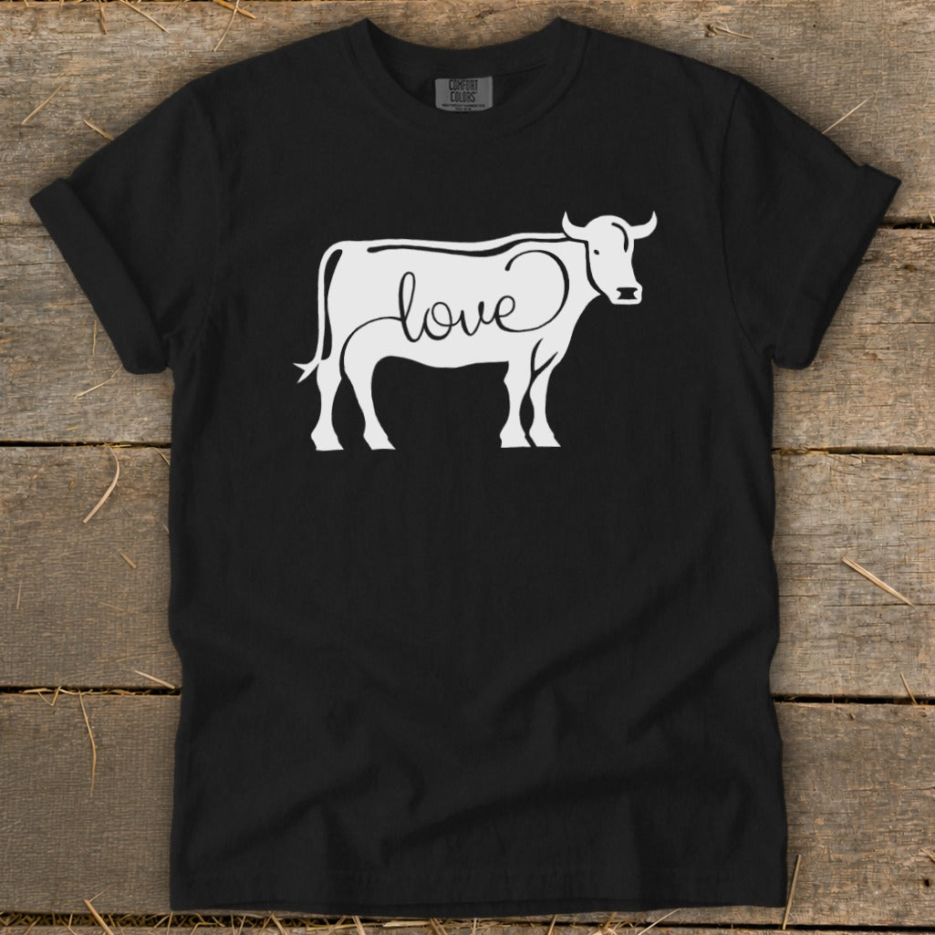 Black t-shirt with white cow silhouette and "love" text graphic.