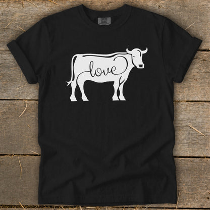 Black t-shirt with white cow silhouette and "love" text graphic.