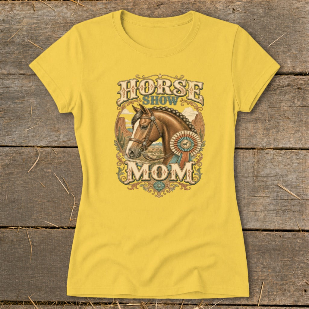 Yellow t-shirt with "Horse Show Mom" text and horse illustration.