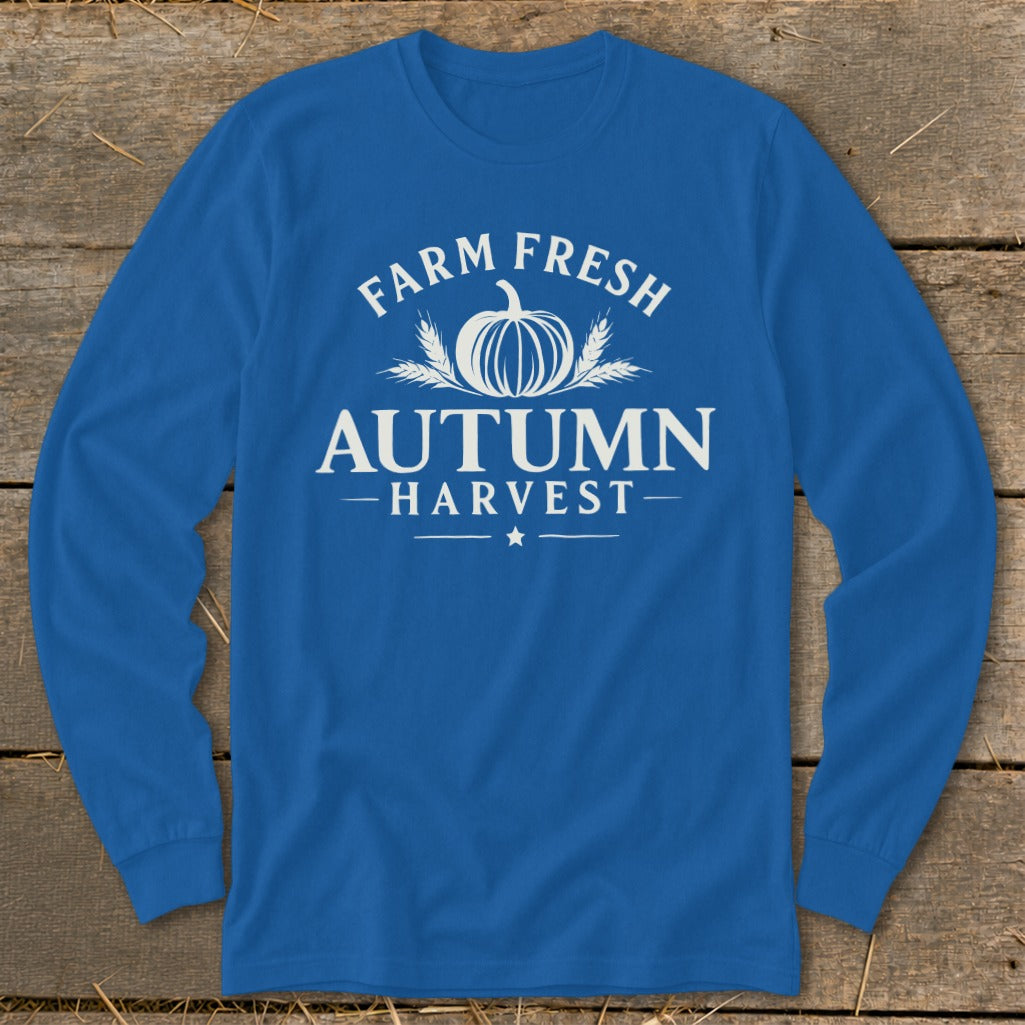 Blue long sleeve shirt with white text and graphics reading "Farm Fresh Autumn Harvest".