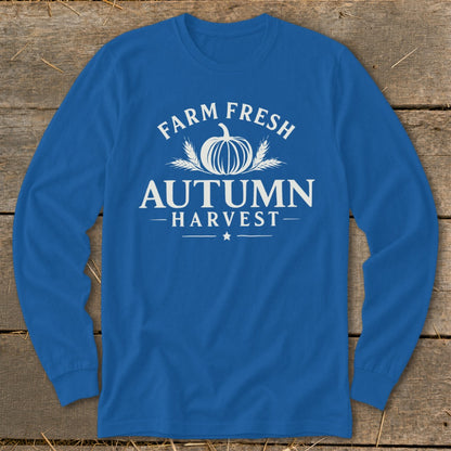 Blue long sleeve shirt with white text and graphics reading "Farm Fresh Autumn Harvest".