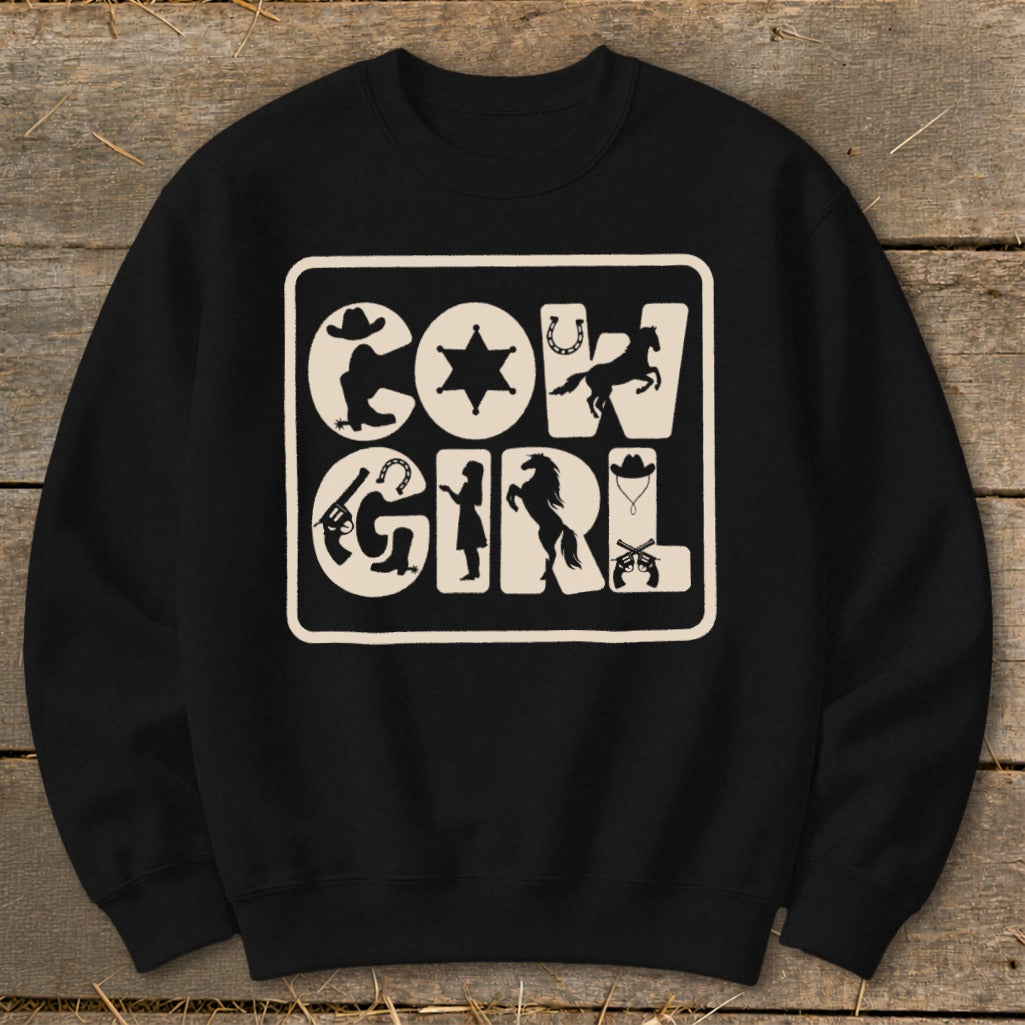 Black sweatshirt with "Cow Girl" text and Western-themed silhouette graphics.