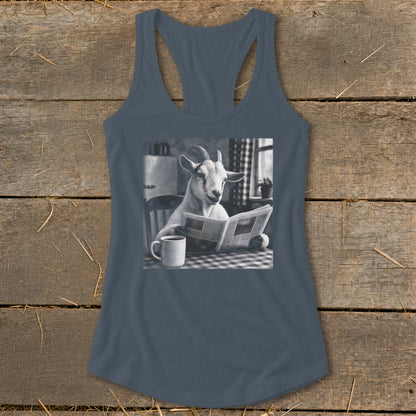 A dark gray racerback tank top featuring a black and white graphic of a goat reading a newspaper at a kitchen table.