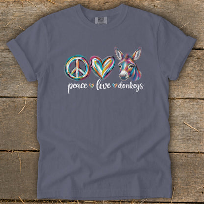 T-shirt graphic with peace, heart, and donkey symbols above "peace love donkeys" text.