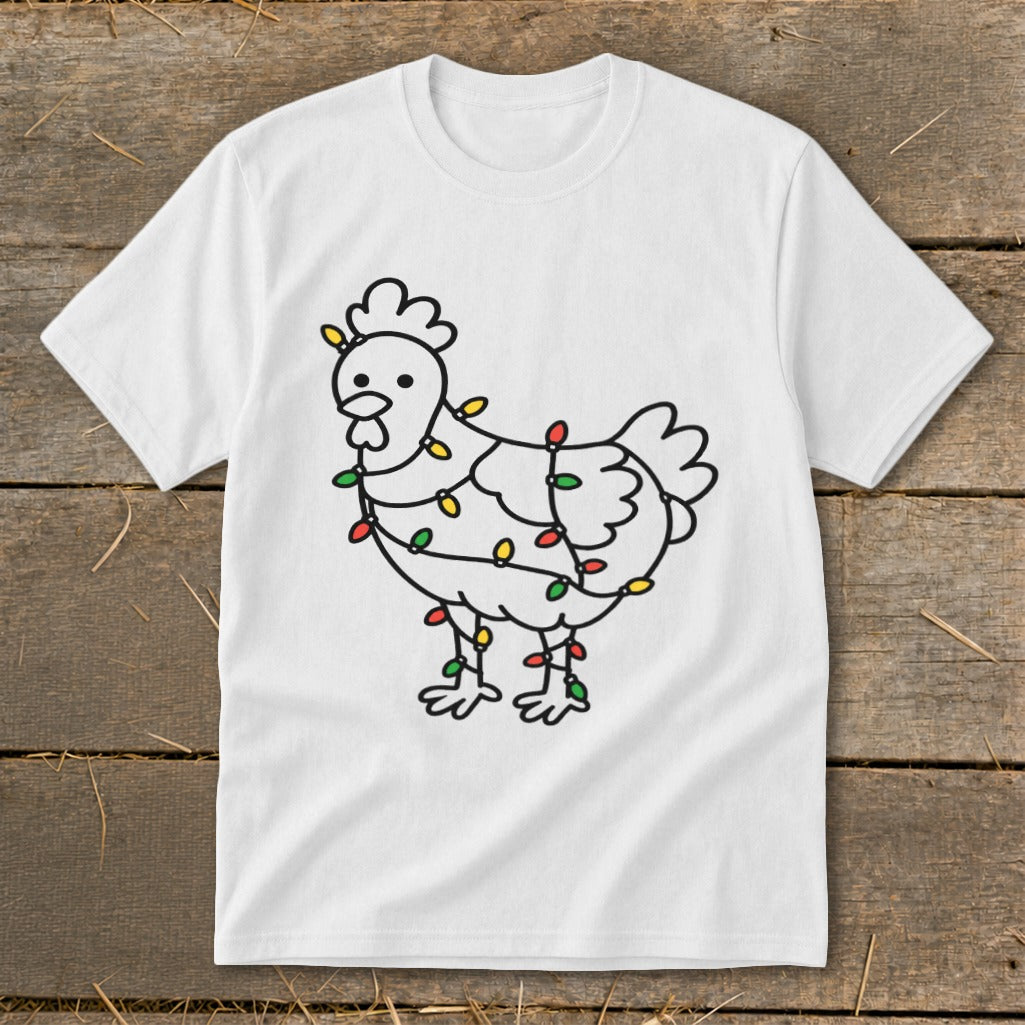 White t-shirt with cartoon chicken wrapped in colorful Christmas lights.