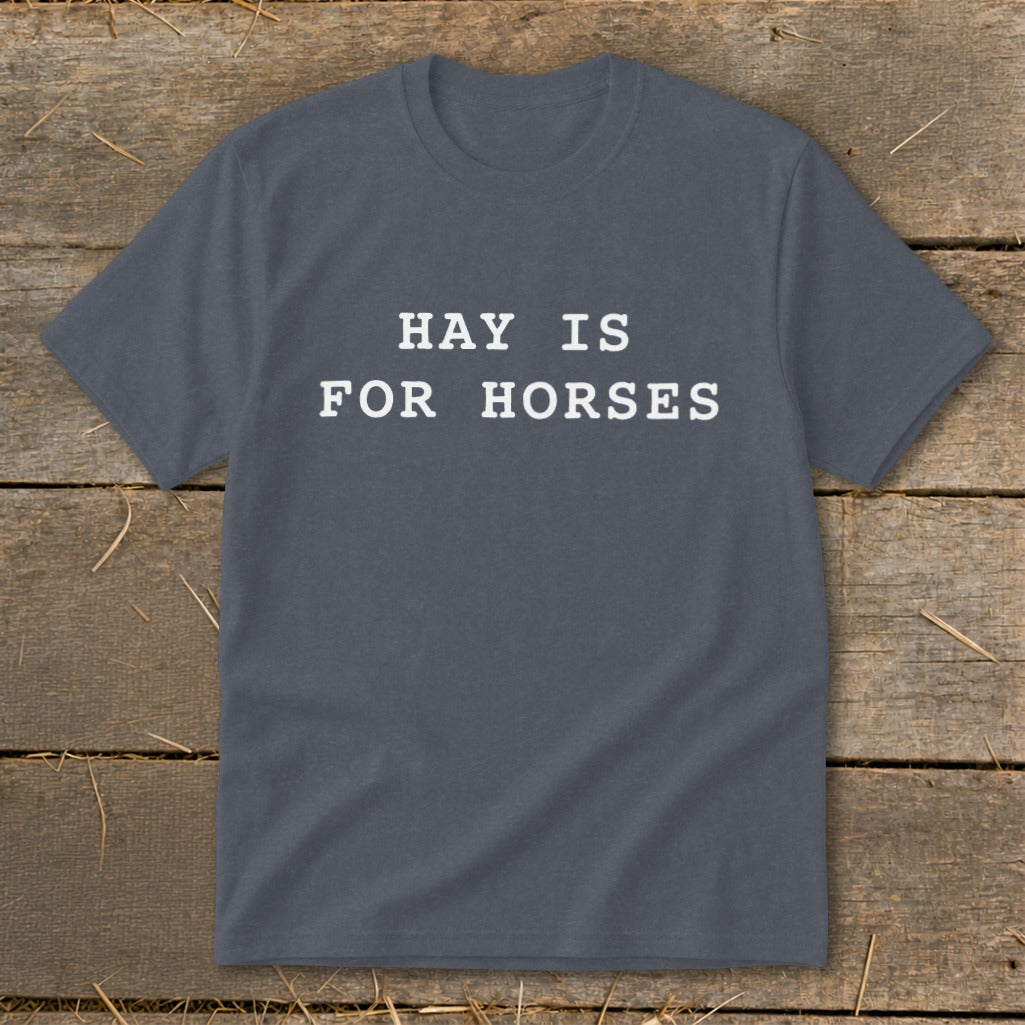 Dark gray t-shirt with white text "HAY IS FOR HORSES".