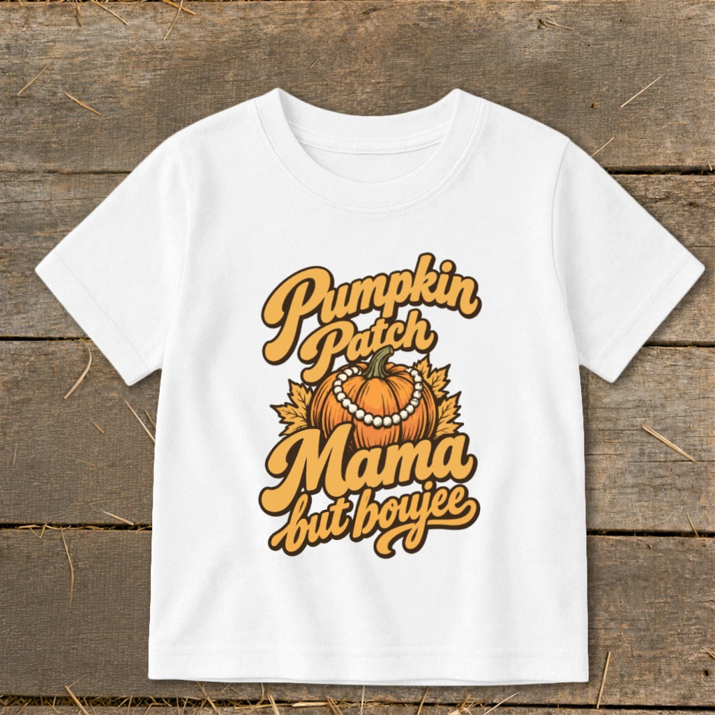 White t-shirt with "Pumpkin Patch Mama but boujee" text and pumpkin graphic.