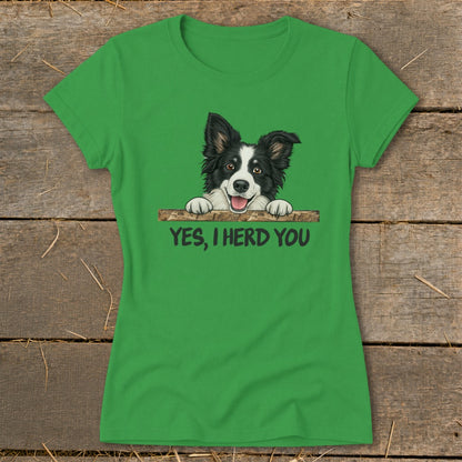 Green t-shirt with cartoon Border Collie and text "YES, I HERD YOU".