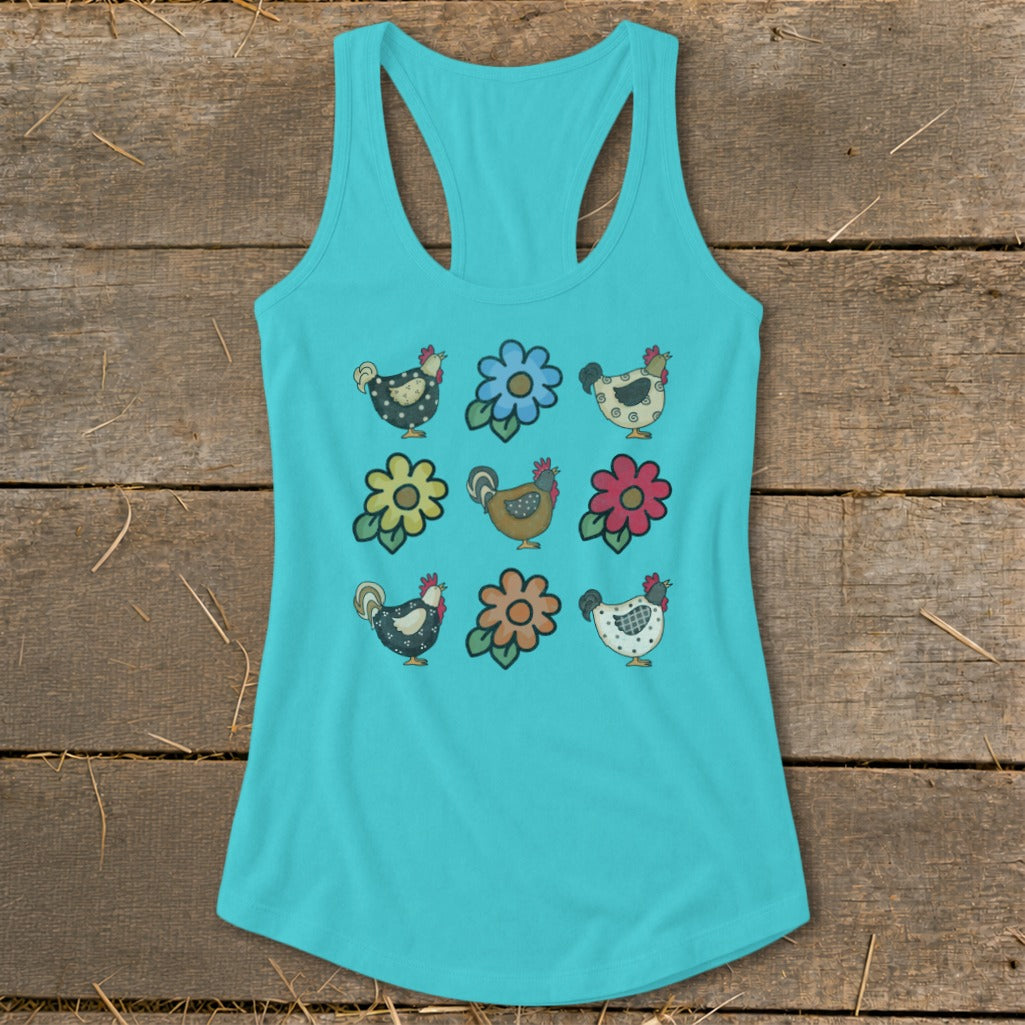 Turquoise tank top with a pattern of nine illustrated chickens and flowers.