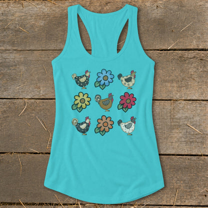 Turquoise tank top with a pattern of nine illustrated chickens and flowers.