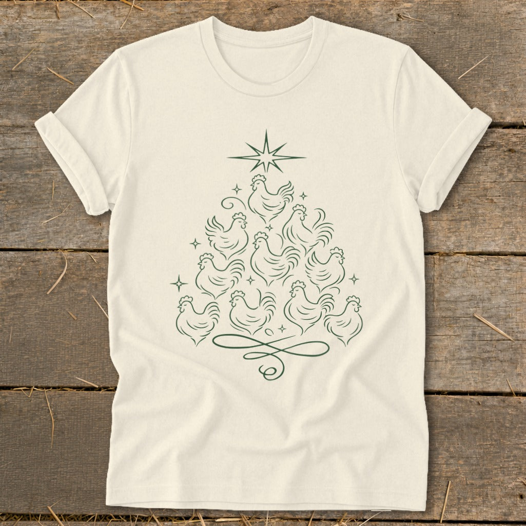 Cream t-shirt with a Christmas tree made of chickens and a star topper.