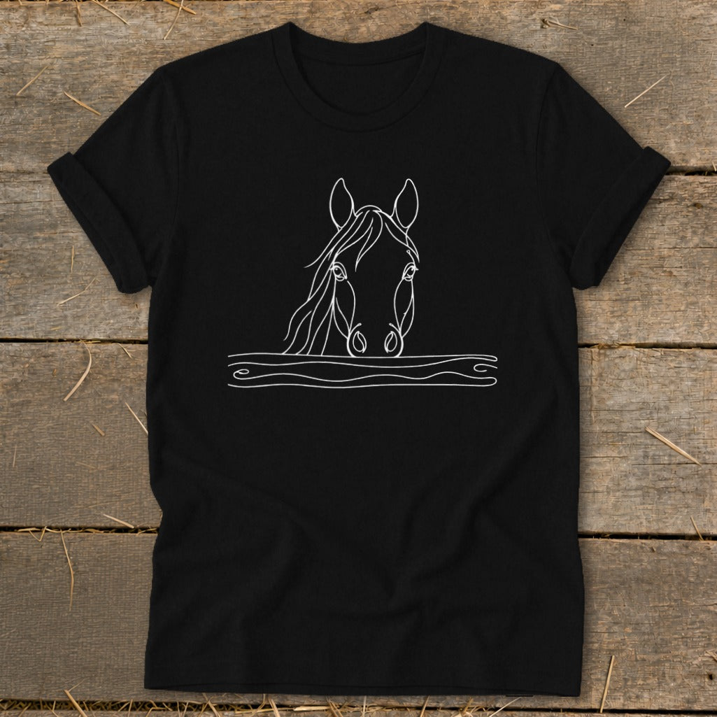 Black t-shirt with minimalist white line art of a horse's head.