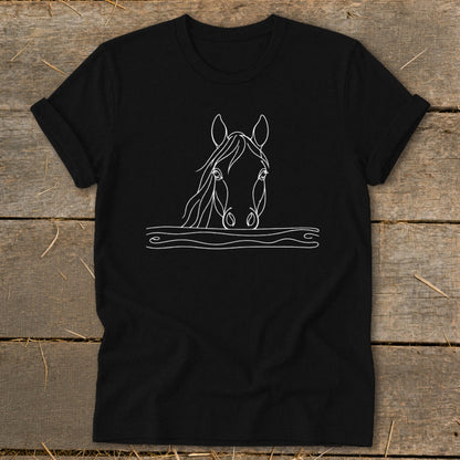 Black t-shirt with minimalist white line art of a horse's head.
