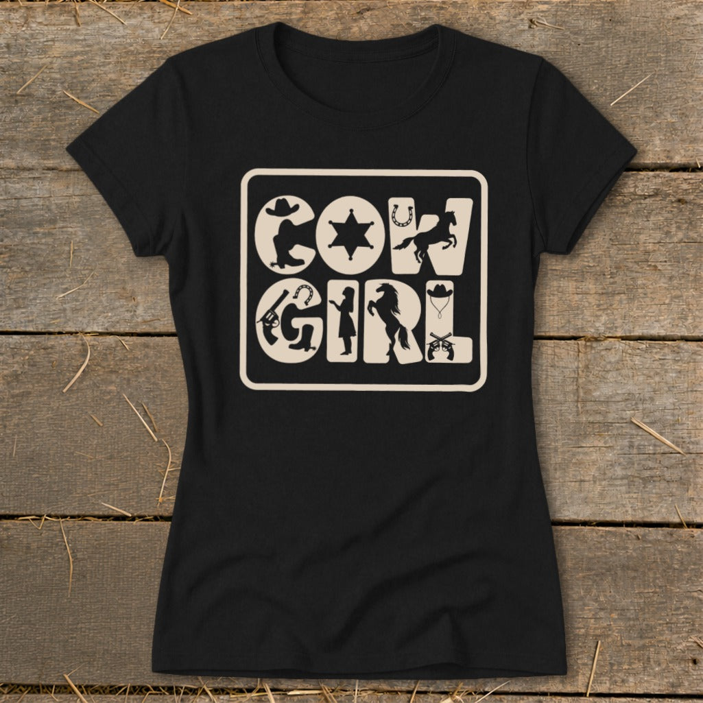Black t-shirt with "COW GIRL" text and cowboy-themed graphics.