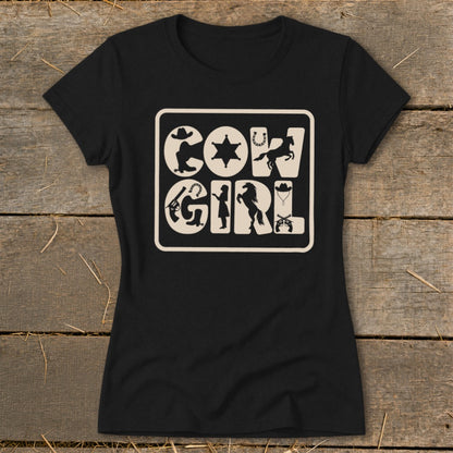Black t-shirt with "COW GIRL" text and cowboy-themed graphics.