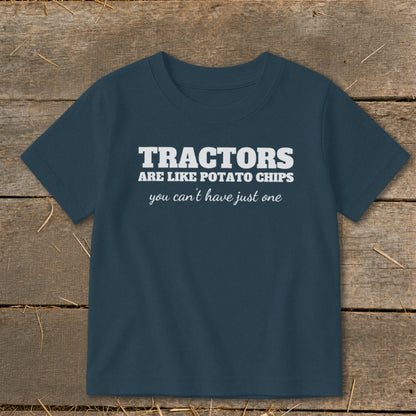Navy blue t-shirt with "TRACTORS ARE LIKE POTATO CHIPS you can't have just one" text.