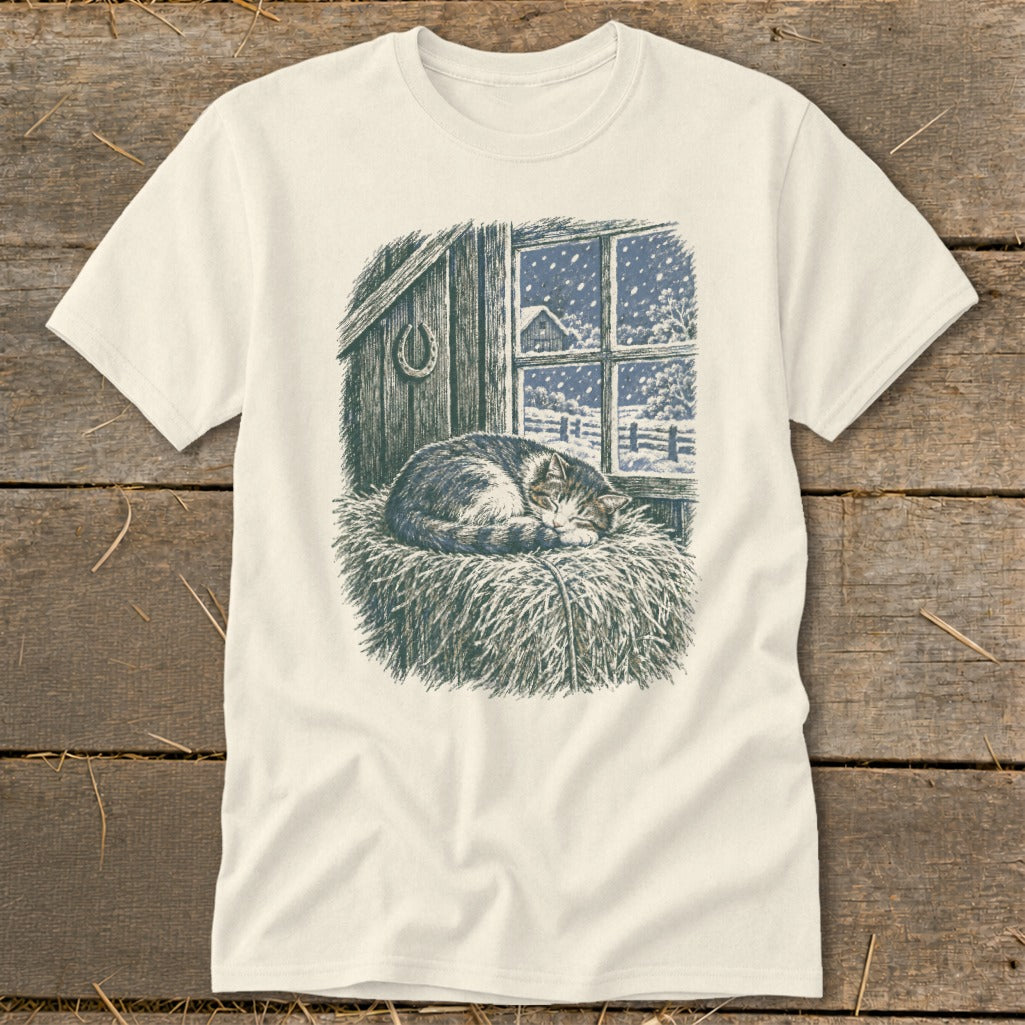 Tabby cat sleeps on hay bale in barn, snow falls outside window.