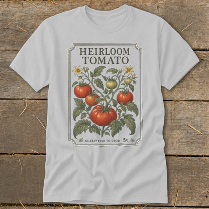Light gray t-shirt with "Heirloom Tomato" seed packet design and vine graphic.