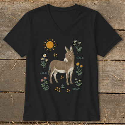Black v-neck t-shirt with a watercolor illustration of a donkey surrounded by flowers.