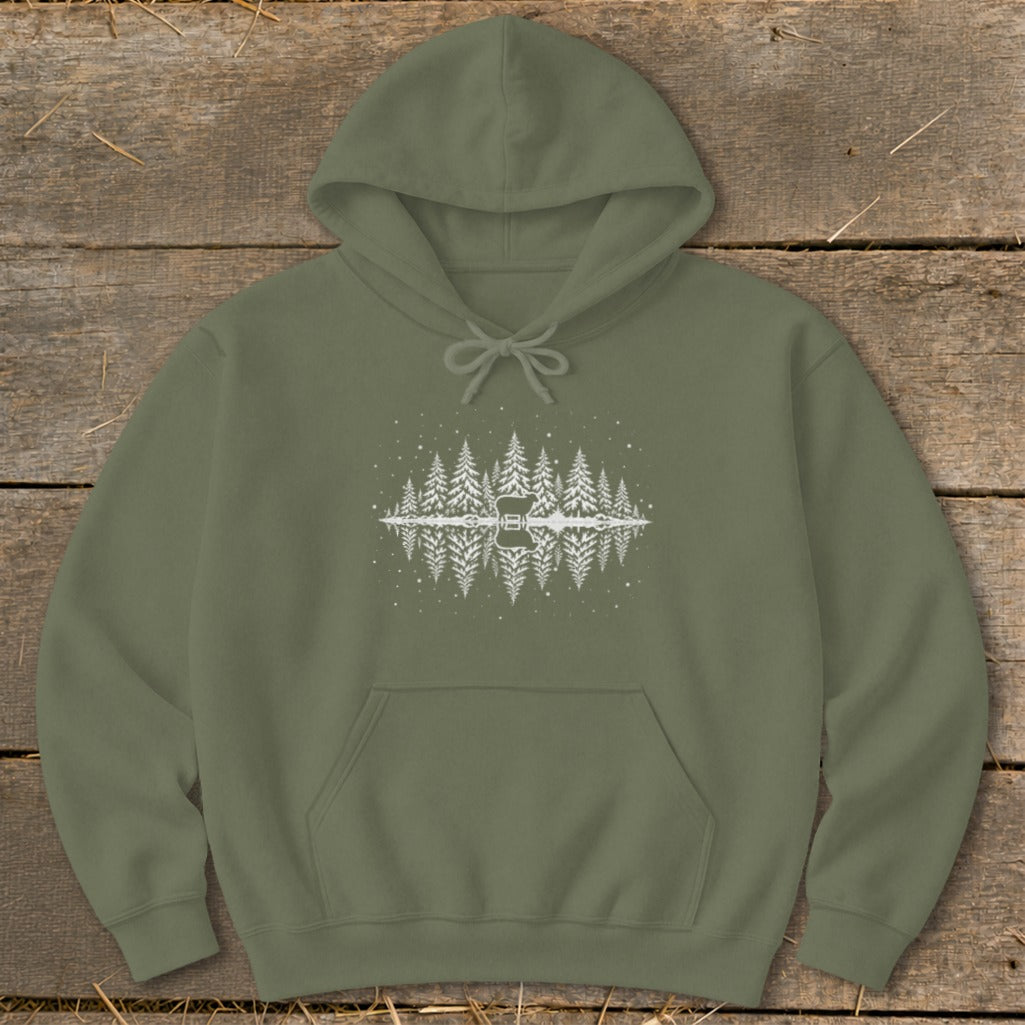 Olive green hoodie with white graphic of trees reflected in water with a guitar shape.