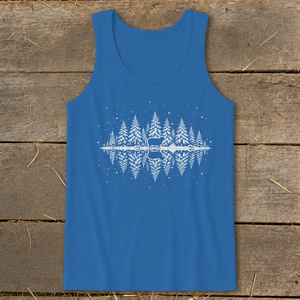 Blue tank top with white graphic of a deer in a snowy forest reflected in water.