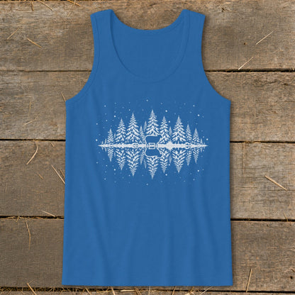 Blue tank top with white graphic of a deer in a snowy forest reflected in water.