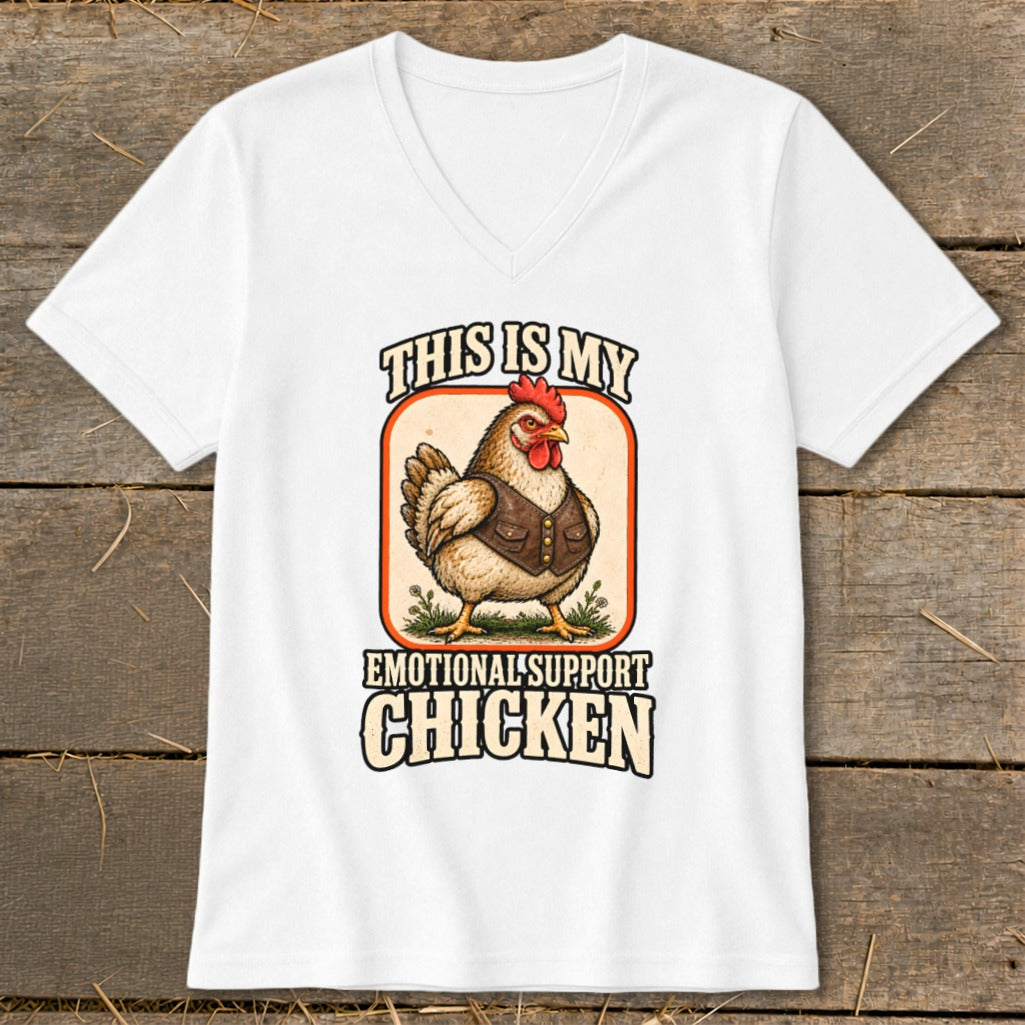 White v-neck t-shirt with "THIS IS MY EMOTIONAL SUPPORT CHICKEN" text and illustration.