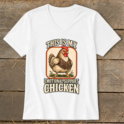 White v-neck t-shirt with "THIS IS MY EMOTIONAL SUPPORT CHICKEN" text and illustration.