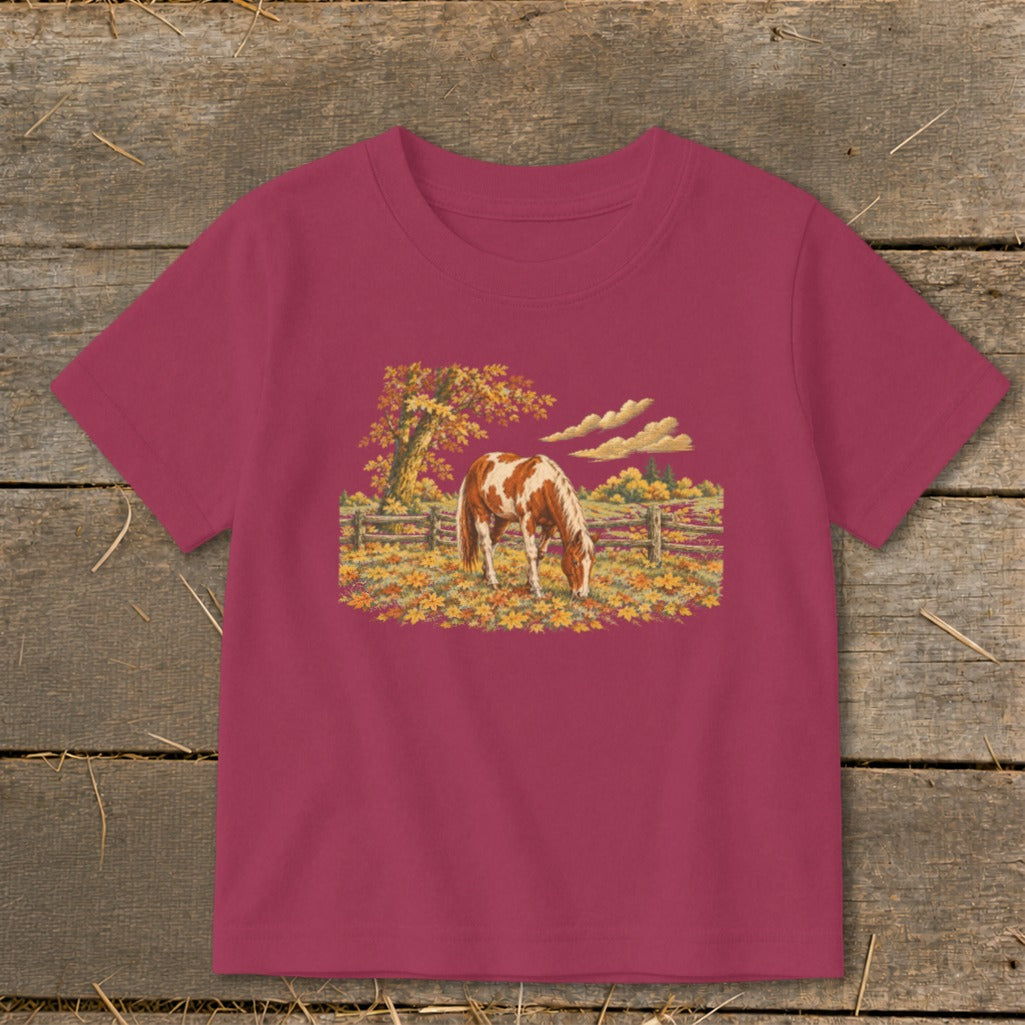 Brown and white horse grazing in an autumn field with colorful leaves and trees.