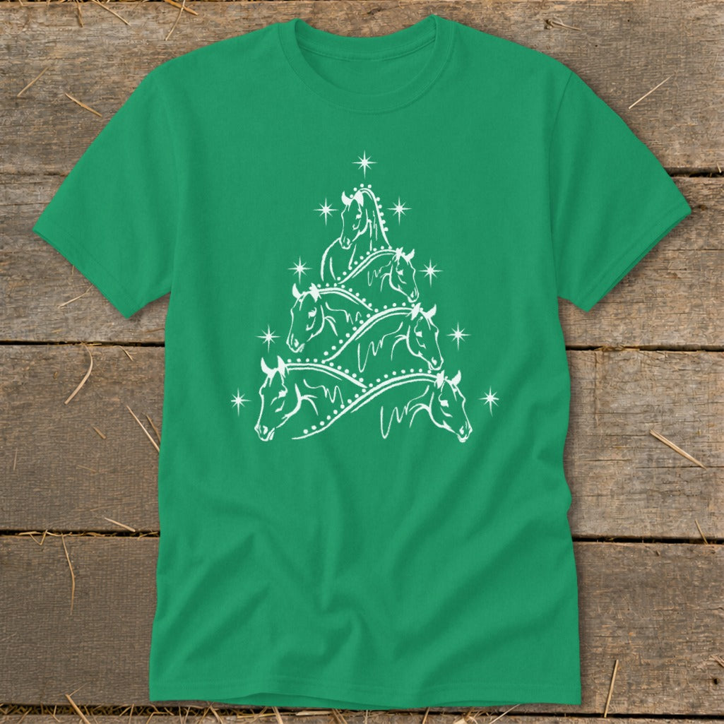 Green t-shirt with white line art of a Christmas tree made of horse heads.