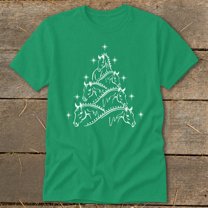 Green t-shirt with white line art of a Christmas tree made of horse heads.