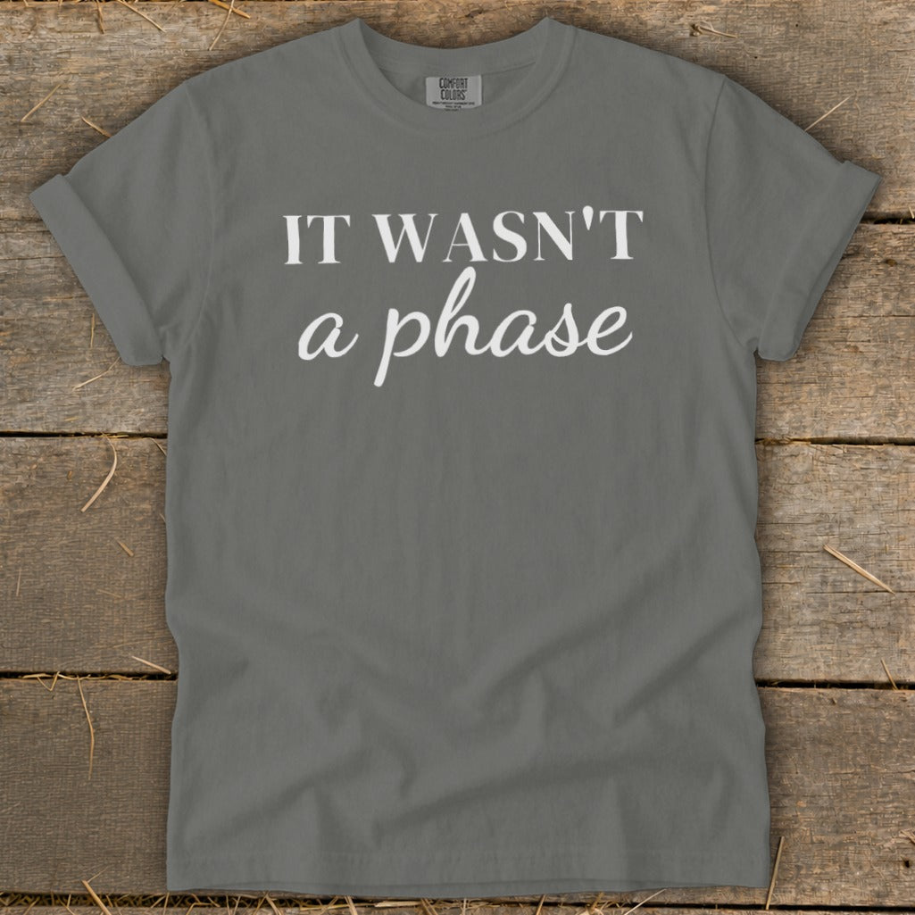 Gray t-shirt with white text "IT WASN'T a phase"