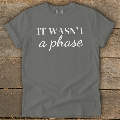 Gray t-shirt with white text "IT WASN'T a phase"