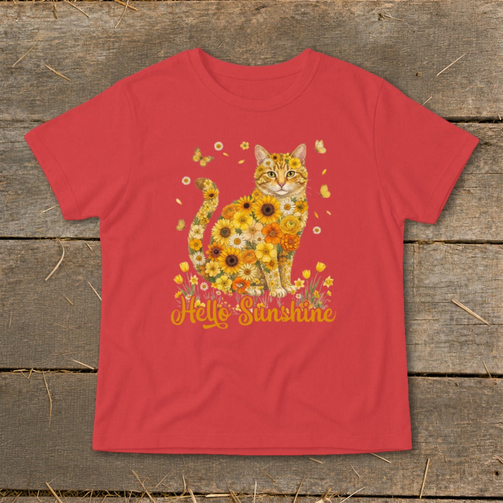 Red t-shirt with a cat made of sunflowers and the text "Hello Sunshine".