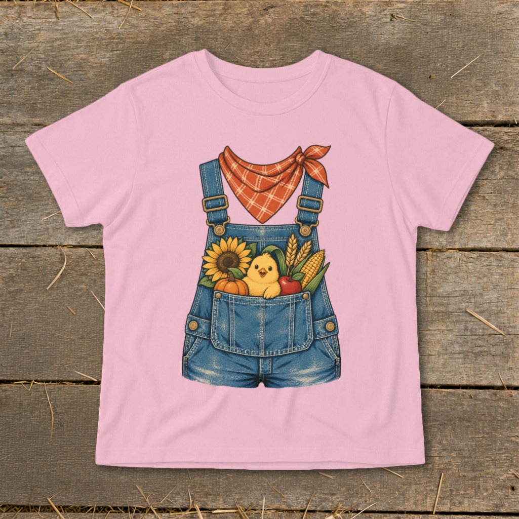 Pink t-shirt with a denim overalls graphic featuring a chick, sunflower, pumpkin, corn, and apple.